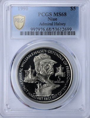 1990 Niue Admiral William F. Halsey $5 Dollars Copper-Nickel Coin