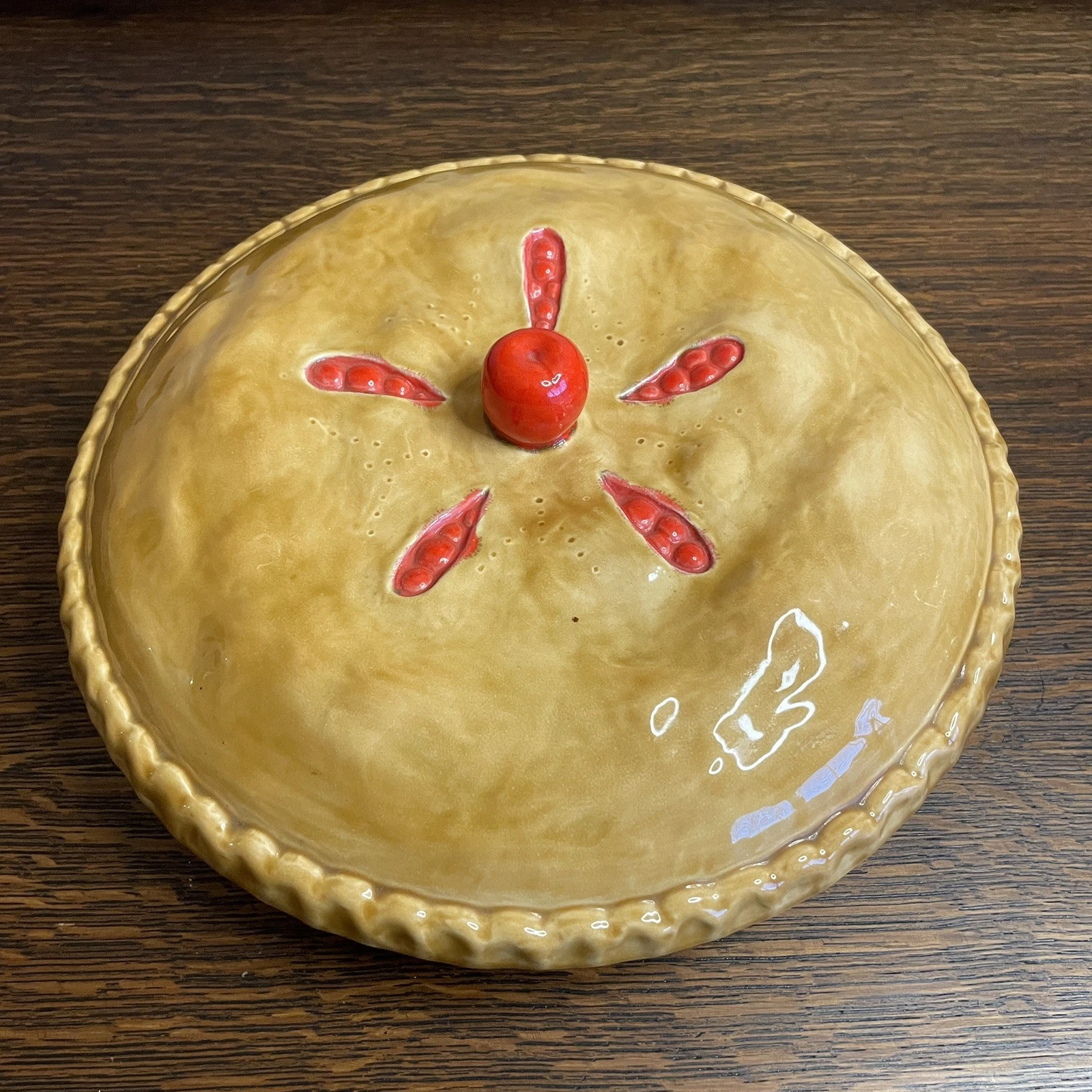 1980s Vintage Hand Painted Ceramic Cherry Pie Plate With A Lid - Pie Keeper