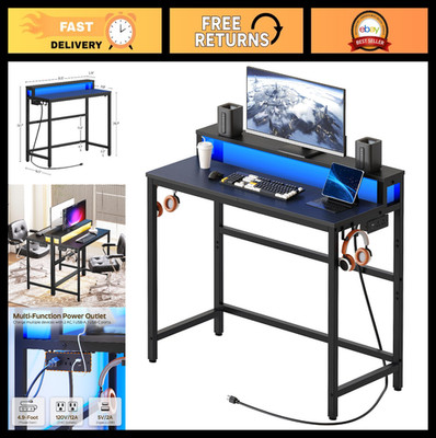Compact Computer Desk with Charging Station & LED Lights, Gaming Desk w/ Monitor