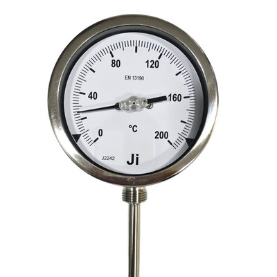 ''Ji'' Bimetal Dial Thermometer, 4'' Dial, 0 200°C, 12'' Stem, Bottom Entry, SS