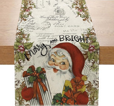 Vintage Christmas Santa Claus Table Runner 13X72 Inch Merry and Bright Poinsetti