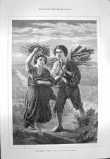 Original Old Antique Print 1873 Gipsy Children Gathering Wood Fine Art 19th
