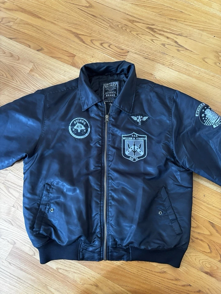 Avirex Hombre Chaqueta de Vuelo Negra Parches Cremallera Nylon Talla L Foto 2 de 4