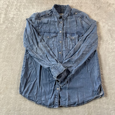 #ad Express Shirt Womens Small Blue Boyfriend Chambray Denim Snap Preppy Lyocell $19.99