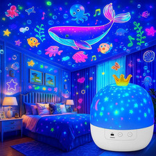 Kids Star Night Light Projector 21 Slide Themes 360° Rotation Crown Galaxy Light