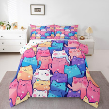 Kawaii Cats Kids Bedding Set Twin Size 2 Pcs,Colorful Cartoon Kitty Decorative C