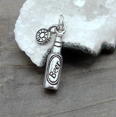 Silver 3D Beer Bottle Charm - Bartender Charm - Alcoholic Beverage Charm  