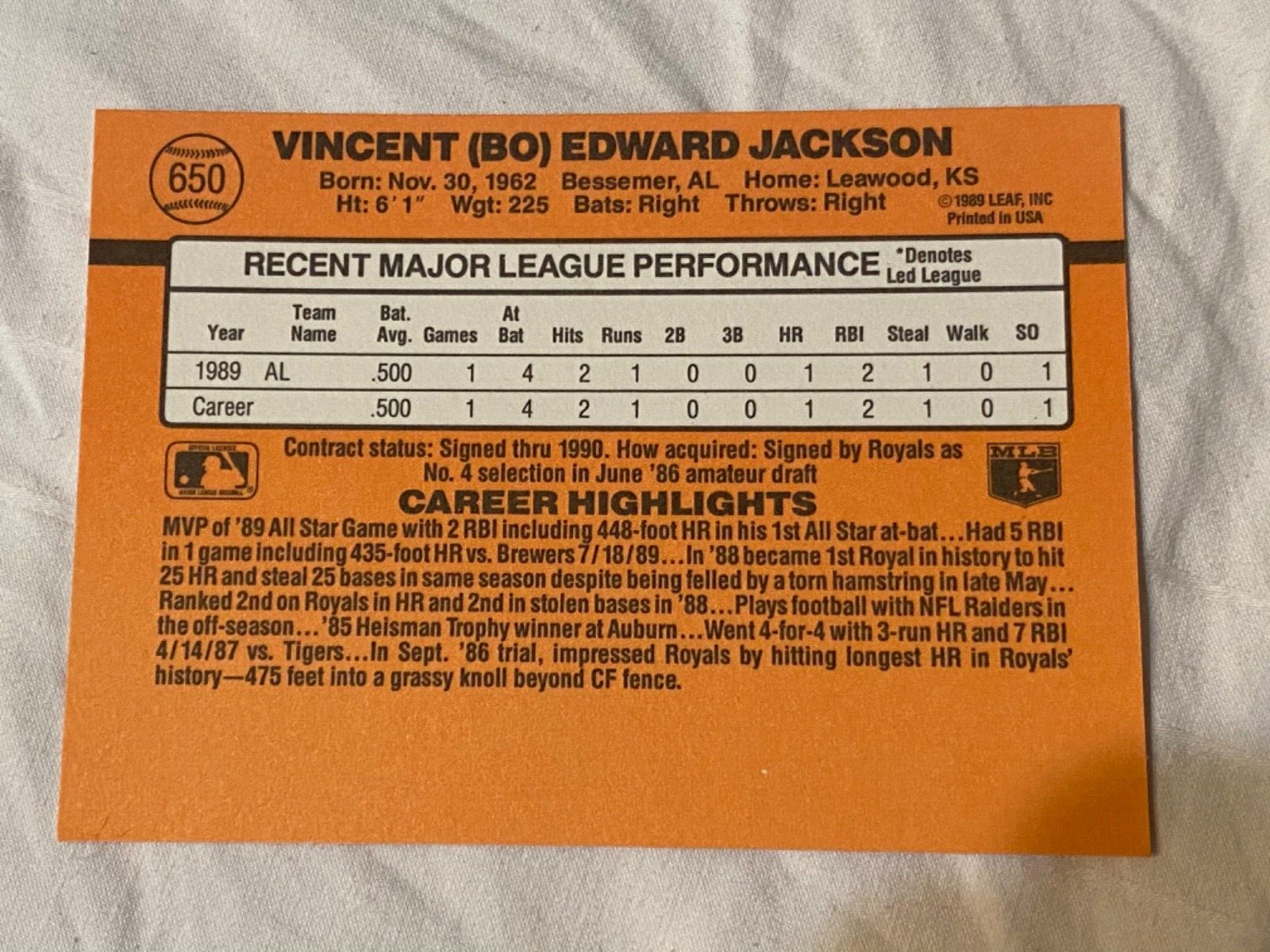 RARE Bo Jackson TRIPLE ERROR 1990 DONRUSS All Star NO DOT/TM after INC KC Royals - Picture 4 of 9