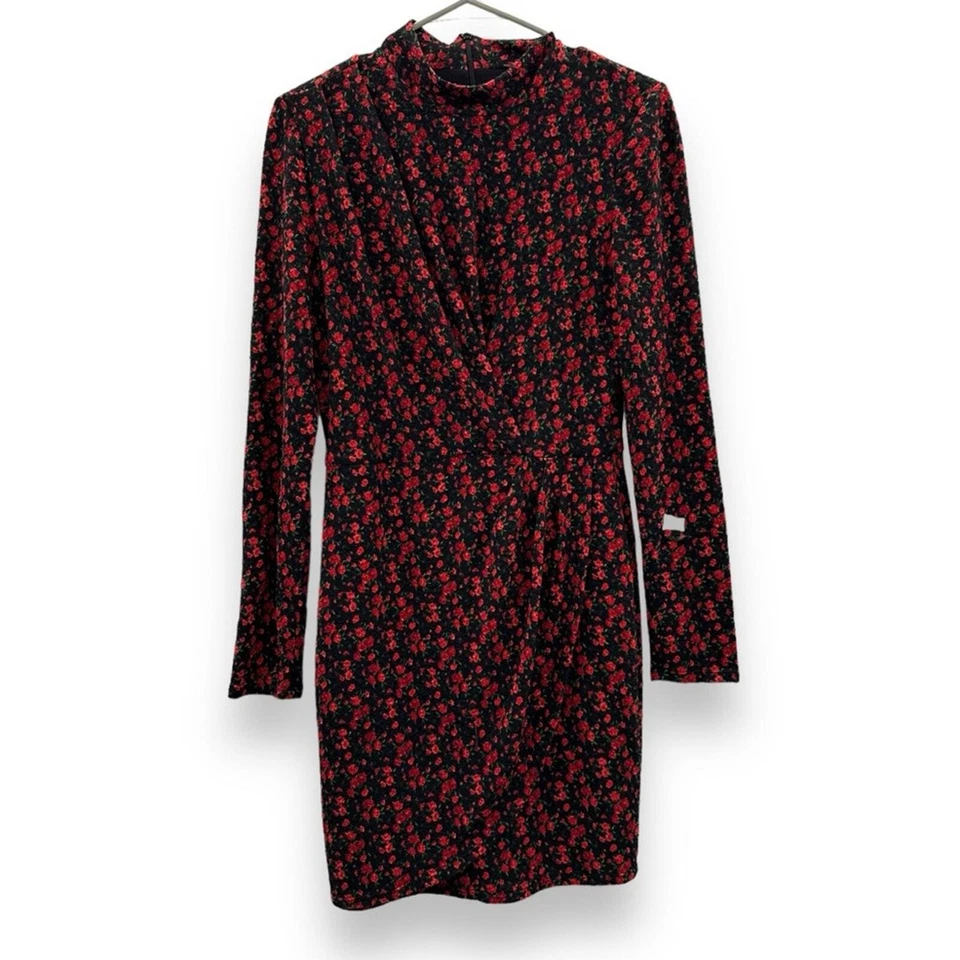 RTR Black Halo Briar Long Sleeve Black & Red Rose Floral Print Mini Dress Sz 6 - Image 3 of 4