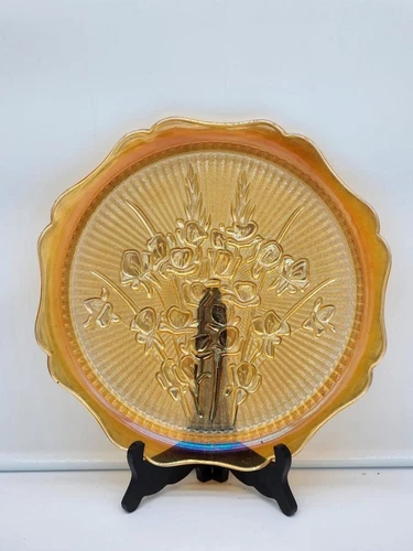 JEANETTE GLASS IRIS AND HERRINGBONE IRIDESCENT CAKE PLATE 12"