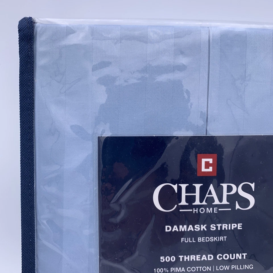 Chaps Damask Stripe Full Bedskirt Blue 15" drop Pima Cotton 500 Thread Count - Image 3 of 3