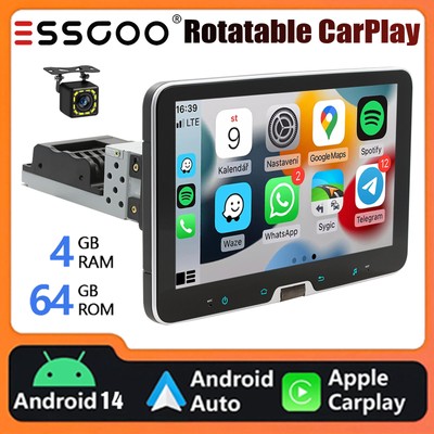 ESSGOO 360° Rotatable 4+64G Android14 Car Stereo Wifi GPS Bluetooth FM Radio+CAM
