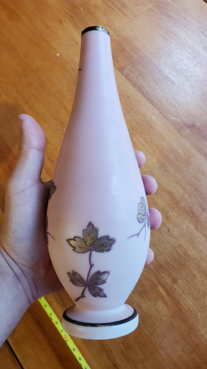 Antique Floral Matte Pink Glass Vase Sign Poschinger