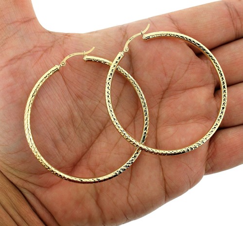 10K Yellow Gold 3mm X 60mm 2.5" Diamond Cut Shiny Plain Hoop Earrings