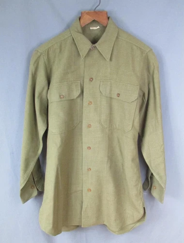 Vintage WWII US Army OD Green Wool Uniform Shirt Gas Flap 15-32 Military 1940s
