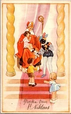 1946 DUTCH Christmas Postcard Throne St Nicolas Girl in Lap Pete Gives Boy Bear