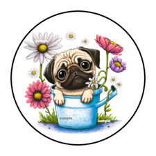 PUG FLOWERS ENVELOPE SEALS LABELS STICKERS 1.5" ROUND 30 PUPPY DOG SUMMER