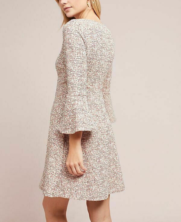 Anthropologie ALine Mini Dress Large Beige Bell Sleeve VNeck ALine