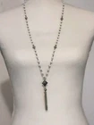 Vintage Rosary Style Lariat Necklace White Milk Glass Beads Tassel 40"