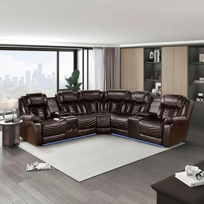 NEW LED Brown Leather 2-Seater Recliner Sectional Bluetooth Speaker & Cupholders