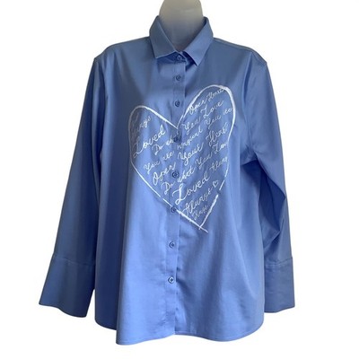 Chicos Blue Embroidered Heart Button Down Shirt Top Periwinkle Size 3 US 16