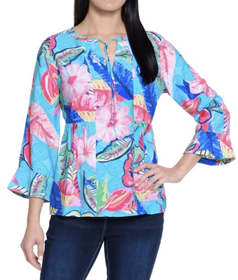 Clearance Petite Size PM Ali Miles Tropical Leaf Print 3/4 Sleeve Blouse Multi