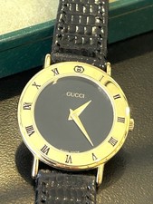 Gucci Black Dial Gold Plated Round Leather Watch Women 26mm New Bat 3000.2.L