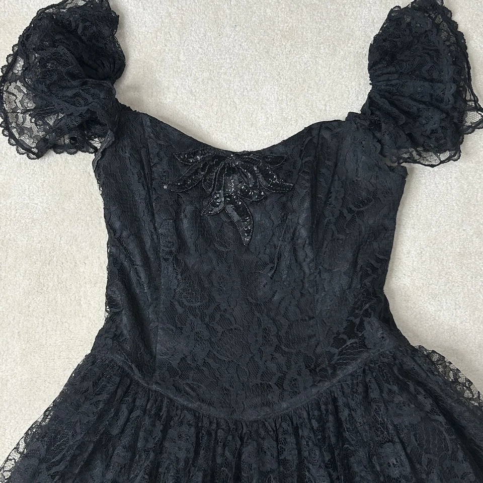 复古 Gunne Sax Jessica McClintock 球服连衣裙女式 11 黑色蕾丝 — 第 3/4 张图片