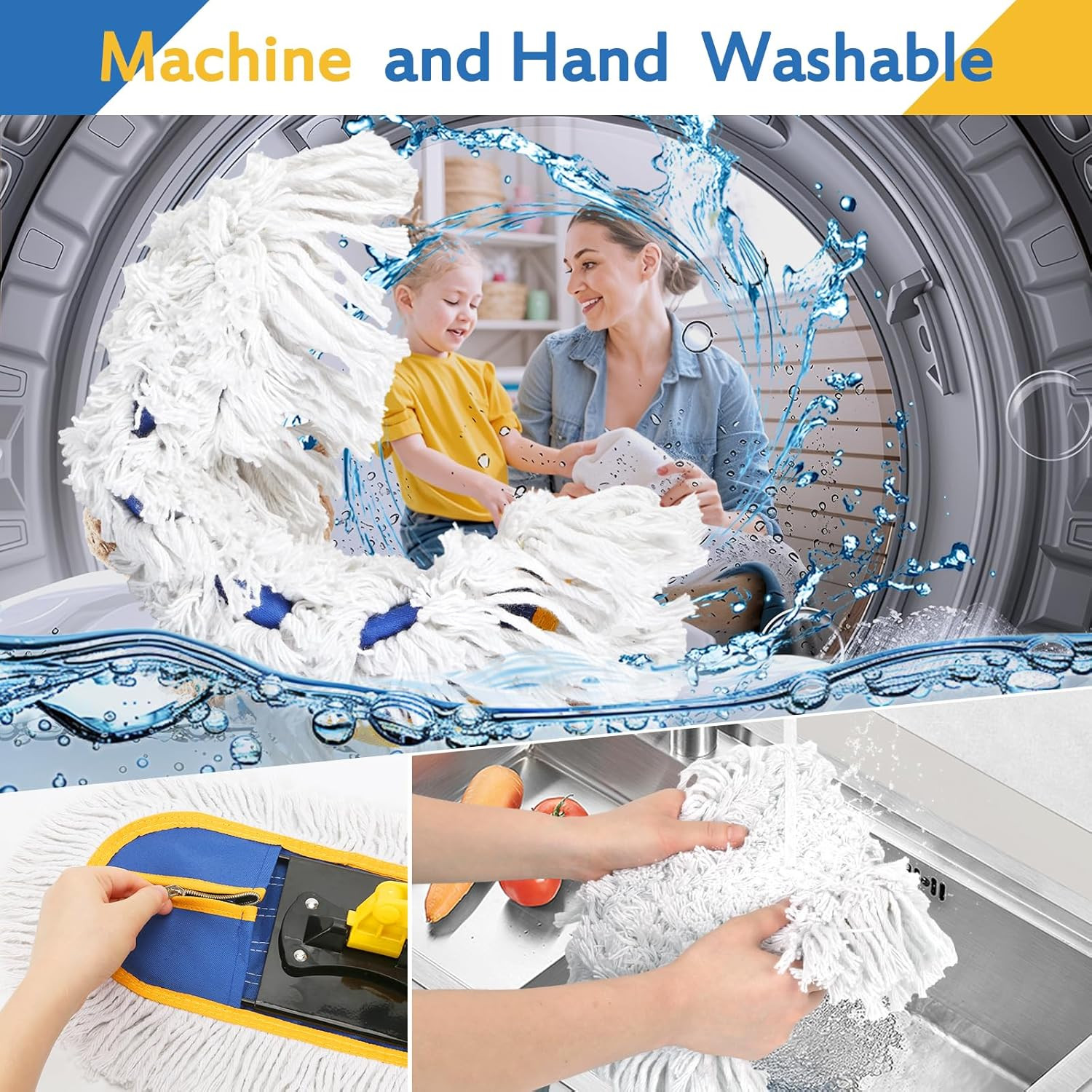 16 Inch Commercial Dust Mop for Floor Cleaning - Industrial Wet Dry Broom with 2