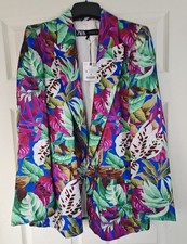 Zara Tropical Open Blazer Jacket Medium Multicolor Satin Effect Shoulder Pads M