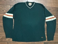 VTG Woolrich Mens Sz Large Ribbed V-Neck Sweater Green Orange Cream 100 Cotton