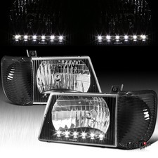 Fit 1992-2006 Econoline Van LED Headlights Lamps+Signal Corner Lights Black Pair