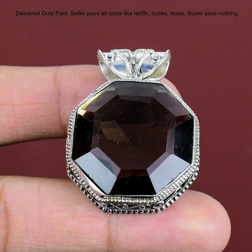 Oferta Black Friday 925 Plata Cuarzo Ahumado Piedras Preciosas Bisel Vintage Colgante Joyería Foto 2 de 4