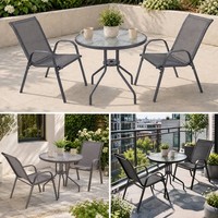 3 Pcs Garden Round Glass Top Table & 2 Chairs Bistro Set Patio Balcony Furniture