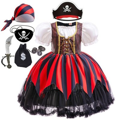 Luzlen Girls Pirate Costume Kids Buccaneer Halloween Dress, 7-8Y(Tag 150)