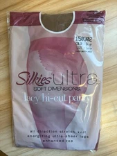 VTG silkies ultra soft dimensions Pantyhose lacy hi-cut panty 150302 BEIGE Sz L