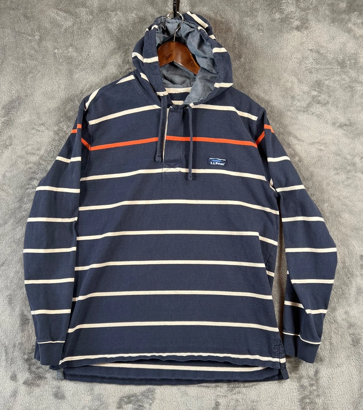 LL Bean Rugby Shirt Mens Large Navy Blue Stripe Hoodie Traditional Fit