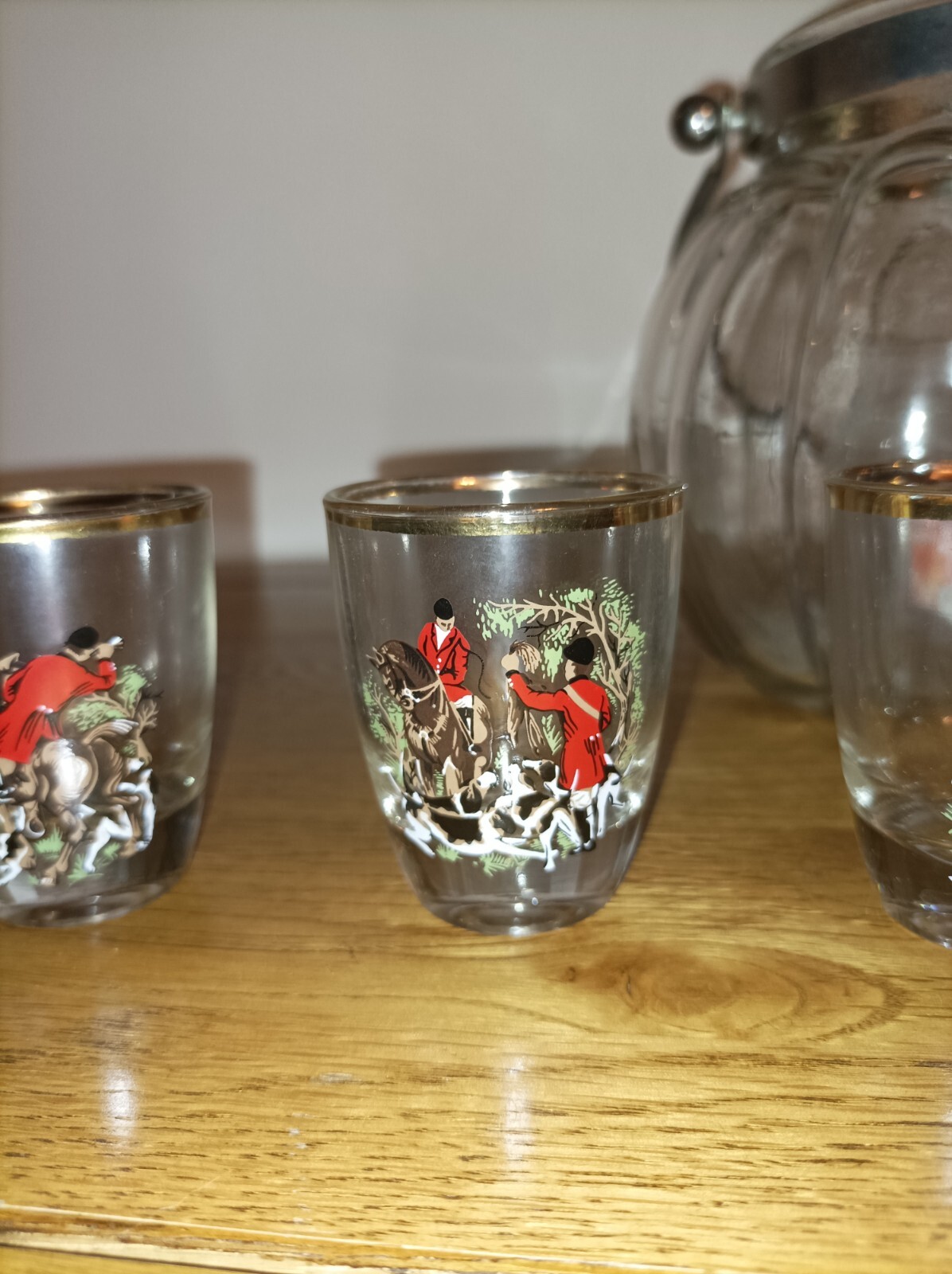 Set of Six Vintage Hunting Scene Shot Glasses Each Different Made In