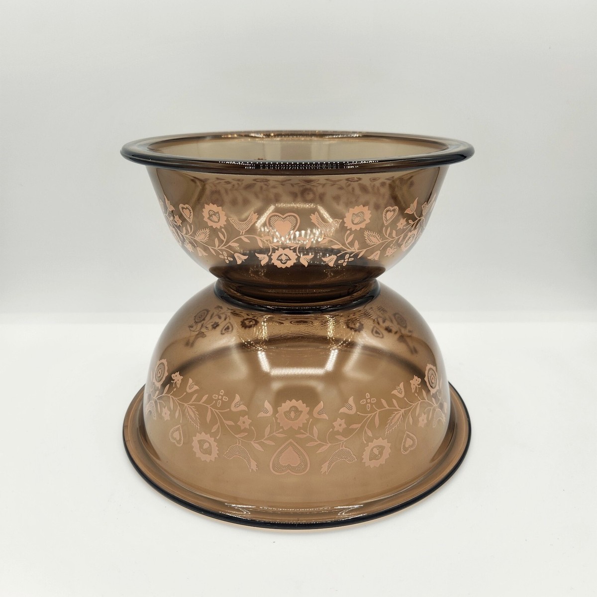VTG Pyrex Mixing Bowls Smoky Brown FESTIVE HARVEST 2pc Set Birds