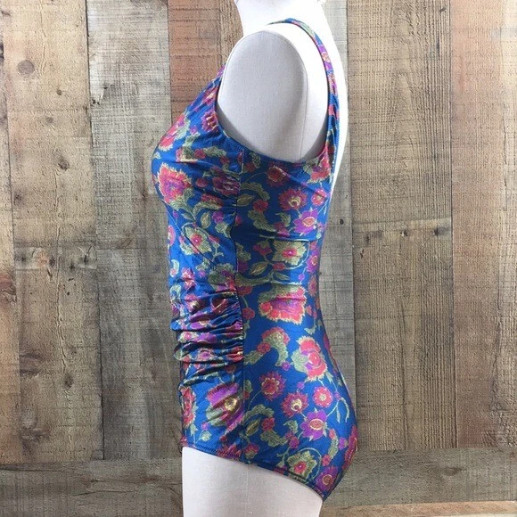 Traje de baño de una pieza Diva By Rachel Pappo vintage azul rojo estampado floral para mujer 12 Foto 4 de 4