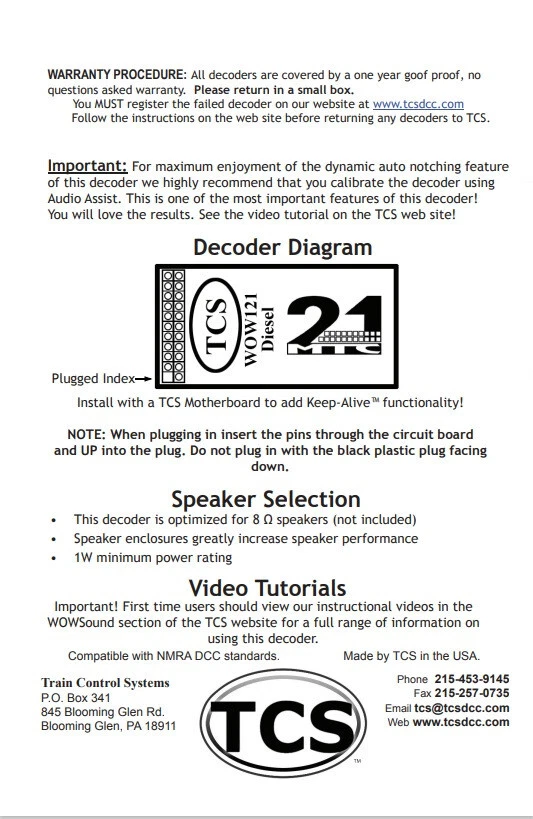 TCS WOW121 Diesel HO Scale MTC 21 Pin WOWDiesel Sound Decoder Version 4 - Image 3 of 4