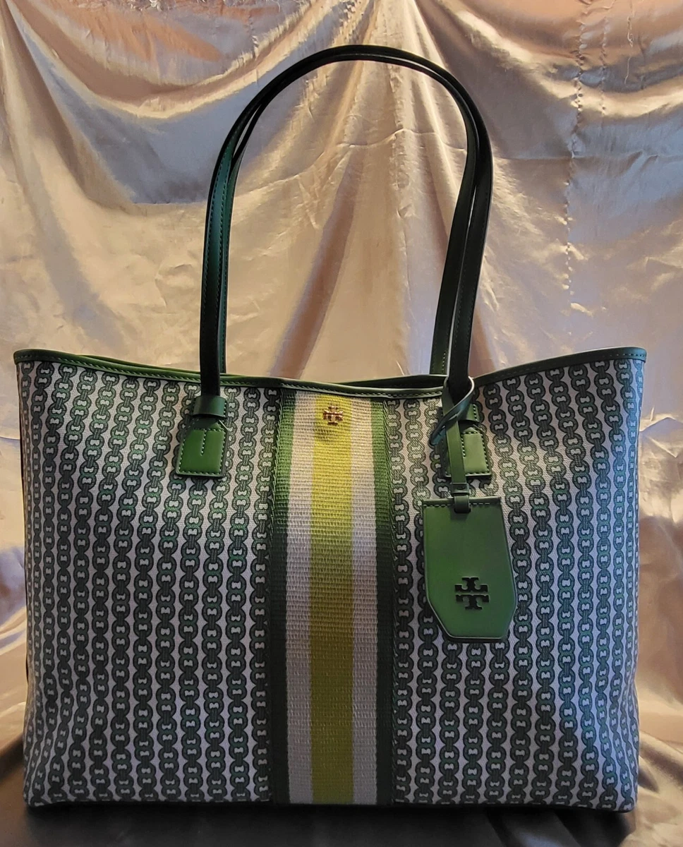 NEW TORY BURCH GREEN LIME GEMINI CHAIN LINK CANVAS SHOULDER TOTE LARGE  HANDBAG