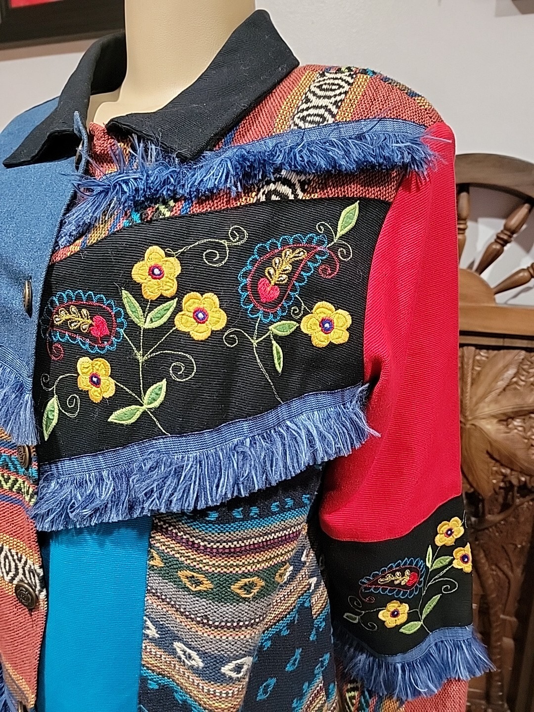 Indigo Moon Patchwork Jacket Size L Embroidered B… - image 5