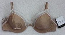 NWT Calvin Klein QF1418 "Signature" Unlined Plunge Soft Cup Lace Bra, Beige, 32B