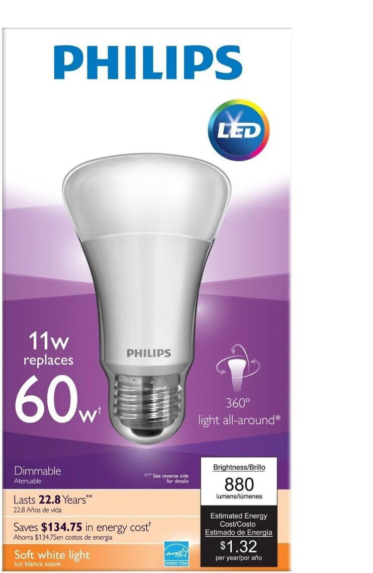 LOT OF 2 -Philips 11-watt A19 LED Household Dimmable Light B