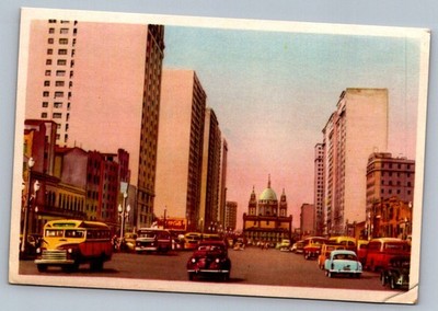 Postcard 1955 Sao Paulo Brazil Avenue Getulio Vargas Street Scene