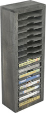 16 Slot Cassette Tapes Tower, Vintage Gray Solid Wood Freestanding Audio Comp...