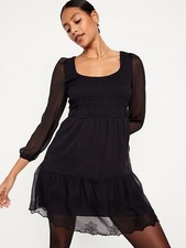 Old Navy Gap Black Eyelet Embroidered Mini Dress Medium Tall Smocked Fit Flare
