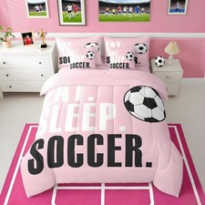 Soccer Ball Comforter Set with Sheets Twin Size Pink Football 7 Pieces Beddin...