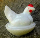 Vtg Westmoreland 3-1/2 In. Long White Milk Glass Hen On Woven BasketNest--Signed